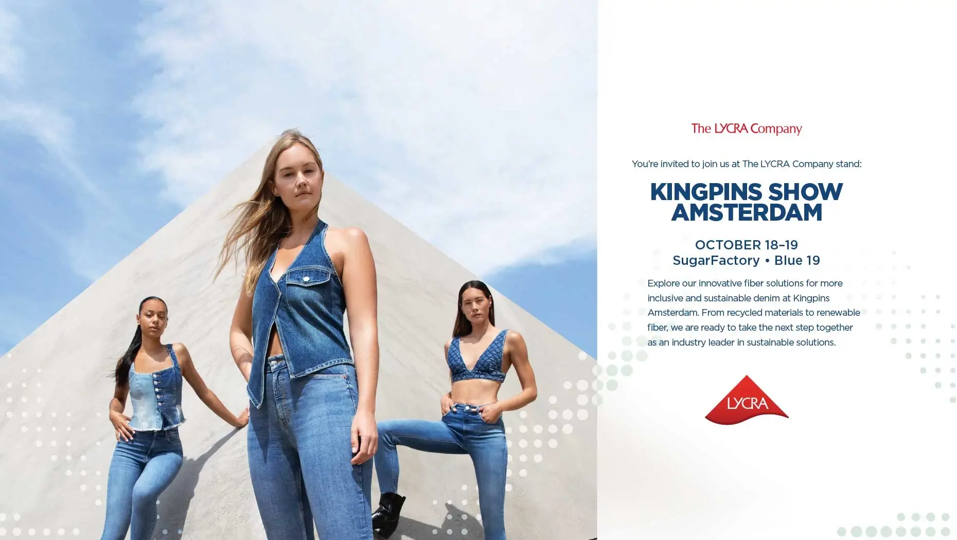 Three women model stretch denim with LYCRA® ADAPTIV fiber for size-inclusive jeans with second-skin fit and dynamic comfort.